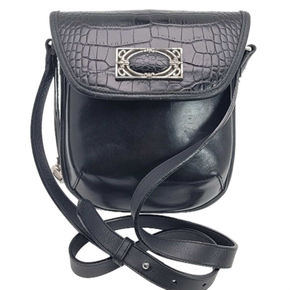 Vintage Brighton Melanie Croc Embossed Black Leather Saddle Bag